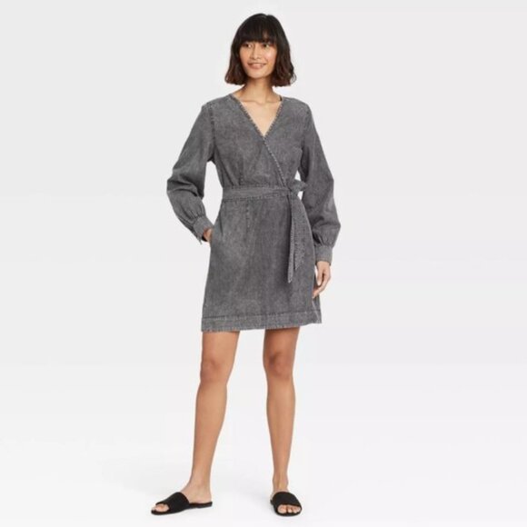 Who What Wear Dresses & Skirts - Who What Wear Black Acid Wash Faux Wrap Mini Dress XS
